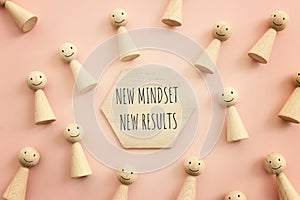 image of wooden cube with the text new mindset and results. success and personal development concept
