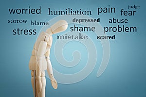 image of wooden dummy with worried stressed thoughts. depression, obsessive compulsive, adhd, anxiety disorders concept.