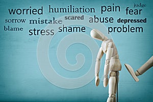 image of wooden dummy with worried stressed thoughts. depression, obsessive compulsive, adhd, anxiety disorders concept.