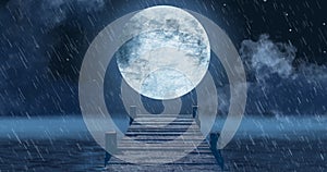 Image of wooden jetty over sea, rain and full moon on night sky in background