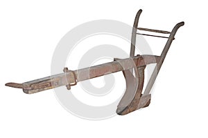 Image of wooden plow for plowing in harness isolated on white background