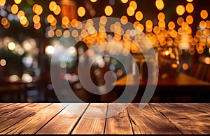 Image of wooden table in front of abstract blurred restaurant lights background