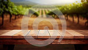 Image of wooden table in front of blurred vineyard landscape at sunset light. vintage filtered. glitter overlay