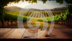 Image of wooden table in front of blurred vineyard landscape at sunset light. vintage filtered. glitter overlay