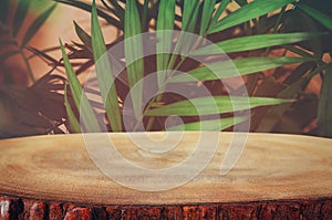 image of wooden table in front tropical green floral background. for product display and presentation