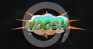 Image of woosh text over green shapes on black background