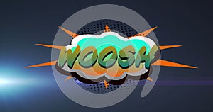 Image of woosh text over light trail on black background