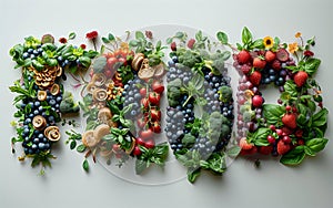 Image of the word \'FOOD\', each letter sculpted from high quality vegetables and herbs