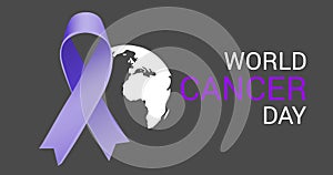 Image of world cancer day text and blue ribbon with globe on gray background