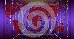 Image of world map, binary coding and data processing over computer servers