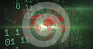 Image of world map, binary coding and data processing over computer servers
