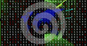 Image of world map, binary coding and data processing over computer servers