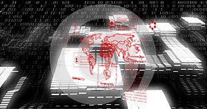 Image of world map, binary coding and data processing over dark background