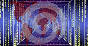 Image of world map, binary coding and data processing over dark background