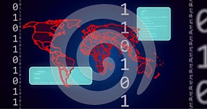 Image of world map, binary coding and data processing over dark background