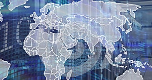 Image of world map, binary coding and data processing over empty computer server room