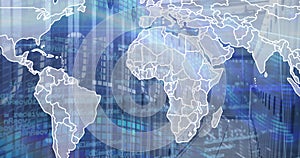 Image of world map, binary coding and data processing over empty computer server room