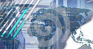 Image of world map and data processing with connections over computer server