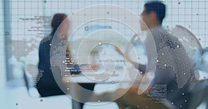 Image of world map and data processing over business people working in office
