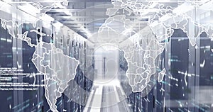 Image of world map and data processing over computer servers