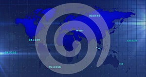 Image of world map and data processing over dark background