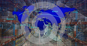 Image of world map and data processing over wharehouse interior