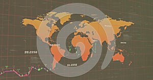 Image of world map and financial data processing