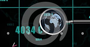 Image of world map and magnifying glass over financial data processing