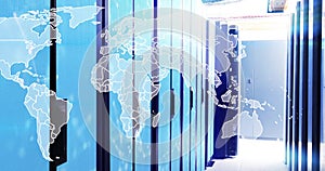 Image of world map and network of connections over server room