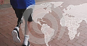 Image of world map over disabled african american man with artificial leg running