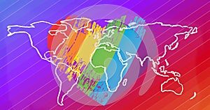 Image of world map over rainbow heart on rainbow background