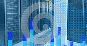 Image of world map, statistics and data processing over computer servers