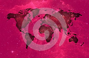Purple world map over spatial background.
