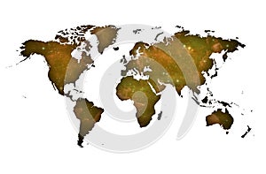 Ochre world map over spatial background.