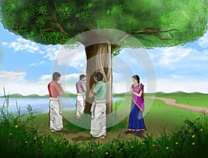 People worshipping a sacred tree