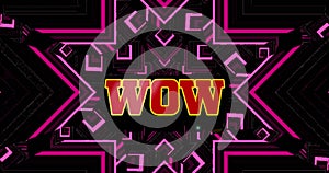 Image of wow text over falling pink kaleidoscopic shape on dark background