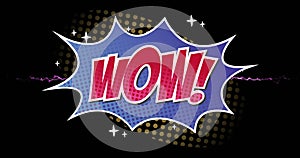 Image of wow text over fireworks on black background