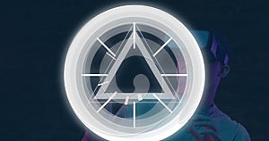 Image of wow text over shapes on black background