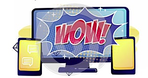 Image of wow text in retro speech bubble on computer screen with tablets