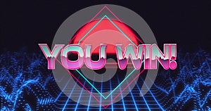 Image of you win text over neon lines over metaverse on dark background