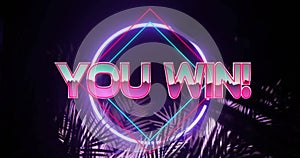 Image of you win text over neon pattern background