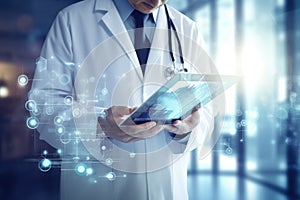 Image of young male scientist using tablet pc Science and technology concept, A medical doctor using a tablet PC with medical