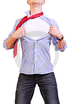 Image of young man tearing his shirt off isolated