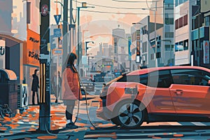 Image of a young woman charging her electric car on a lively urban street