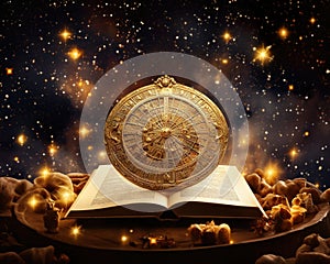 The Zodiac sign of Libro gold has scales and stars on the night sky. photo