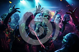 A zombie dance party with undead creatures grooving to music halloween background