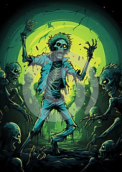 A zombie dance party with undead creatures grooving to music halloween frame border