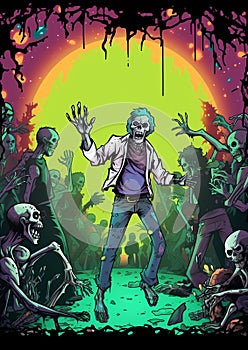 A zombie dance party with undead creatures grooving to music halloween frame border