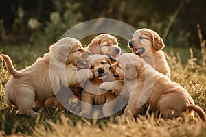 A group of golden retriever puppies playfully tumbling over one another in a grassy field, joyful expressions , ai generative photo