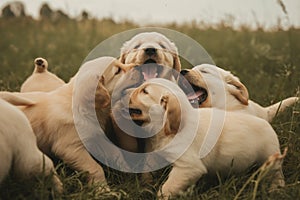 A group of golden retriever puppies playfully tumbling over one another in a grassy field, joyful expressions , ai generative photo